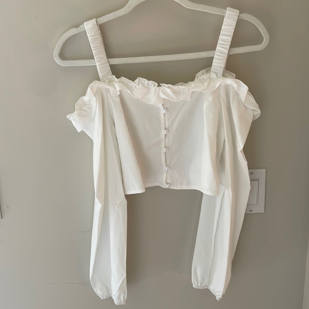 Rumwe Off Shoulder Ivory Cream Off White Ruffle Blouse Shirt Long Sleeve Boho 6